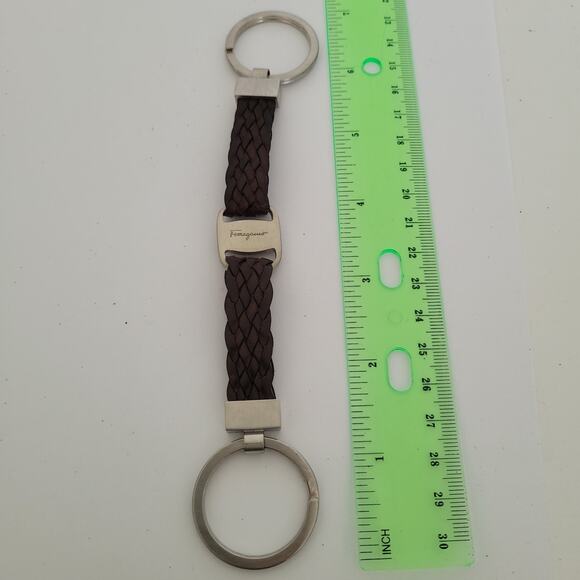 Ferragamo Key Chain Ring Fob Ring Charm Leather Brown Silver Small Keychain - Picture 7 of 7